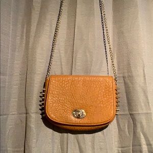 Small brown long gold chain strap shoulder purse